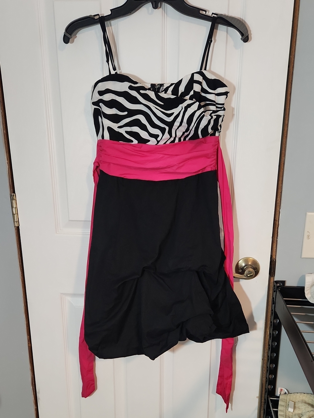 Vintage Y2k Zebra Print Strapless  Dress with Fuchsia Sash